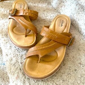 Clarks Tan Leather Slide Sandals